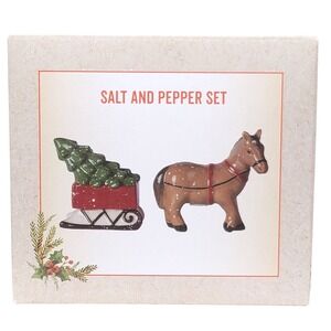 Cracker Barrel Christmas Horse Sleigh Salt & Pepper Shaker Set Susan Winget Tree